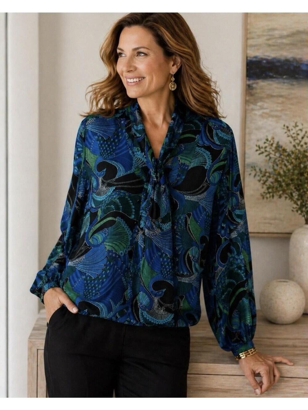 Chico’s Peacock Print Tie Neck Blouse Size 2 12/14 Blue Green Statement Top